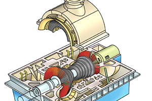 Exploded view of a large turbine generator illustration by Jim Grenier dba Renegade Studios